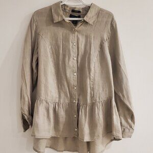 100% Linen TAHARI Button Down Baby Doll Blouse Ruffled Long Cuffed Sleeves 1X
